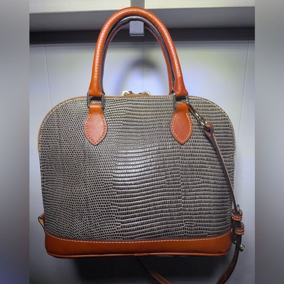 Dooney & Bourke Lizard Embossed Satchel Gray Brown Bag w/ Strap 12”x9” Like New - Picture 5 of 17